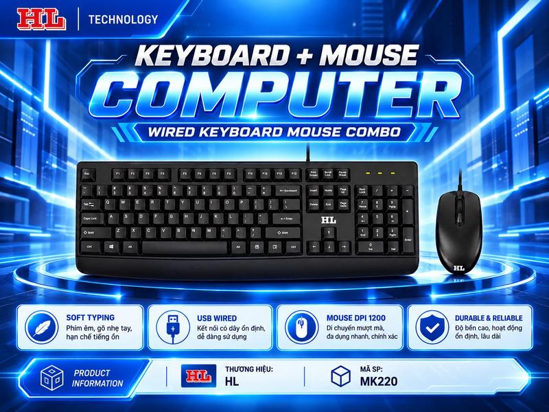 Bộ Bàn Phím Chuột Có Dây HL MK220 USB – Phím Êm Ít Ồn, Chuột DPI 1200 Cho Văn Phòng