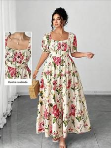 Vestido largo de talla grande con estampado floral, escote cuadrado, mangas abullonadas y cintura estilo imperio; vestido con capas, estilo vintage con estampado de rosas para mujer.
