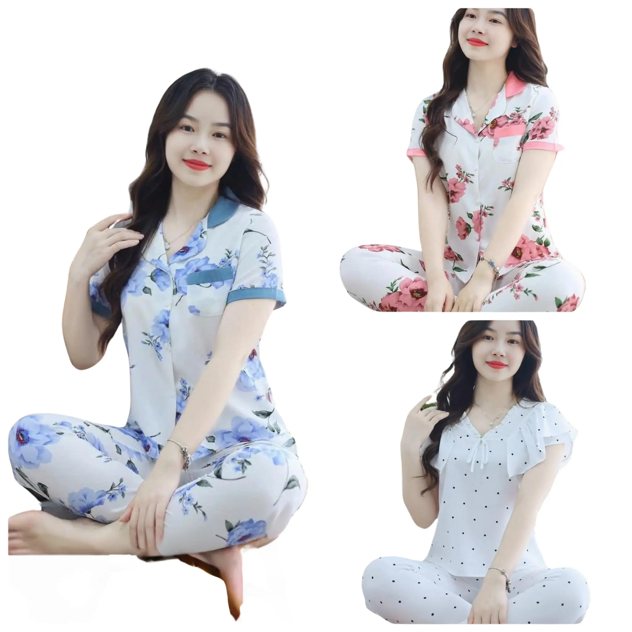 AN AN - Bộ đồ mặc nhà, pijama, đồ ngủ, tay cộc xinh xắn, chất lụa hàn mặc 4 mùa