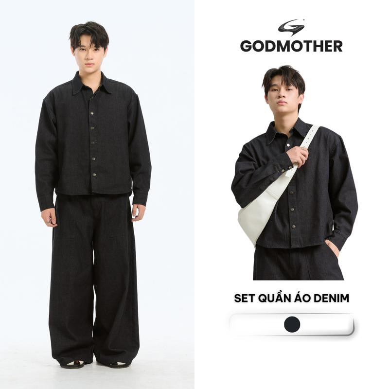 Set Denim Trơn Unisex Form Rộng GODMOTHER Đồ Bộ Raw Denim (Áo Khoác Và Quần) Phong Cách Hàn Quốc Unisex STF25001-RB-RA