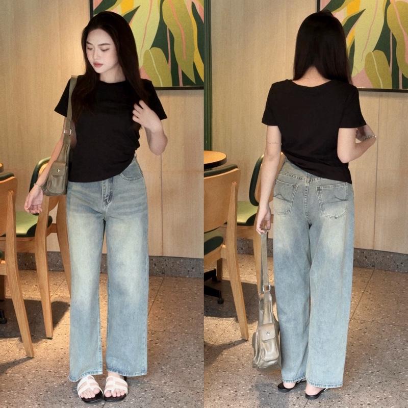 Q266 Quần Jean Ống Suông Nữ Lưng Cao Dáng 93cm Thêu Túi Sau Màu Xanh Nhạt Tôn Dáng Phong Cách Tối Giản Dành Riêng Cho Nấm Lùn