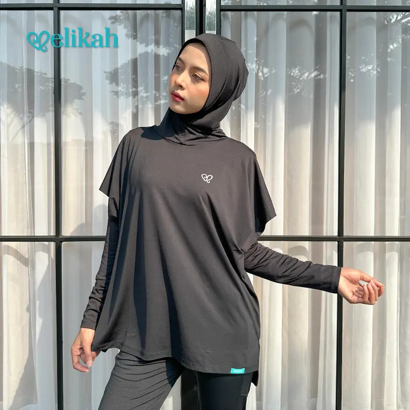 ELIKAH ONE SET Atasan Baju Olahraga Wanita Muslim Oversize ELMA Outer Sport Hijab Kerudung Celana Panjang Hitam Polos Sporty 0