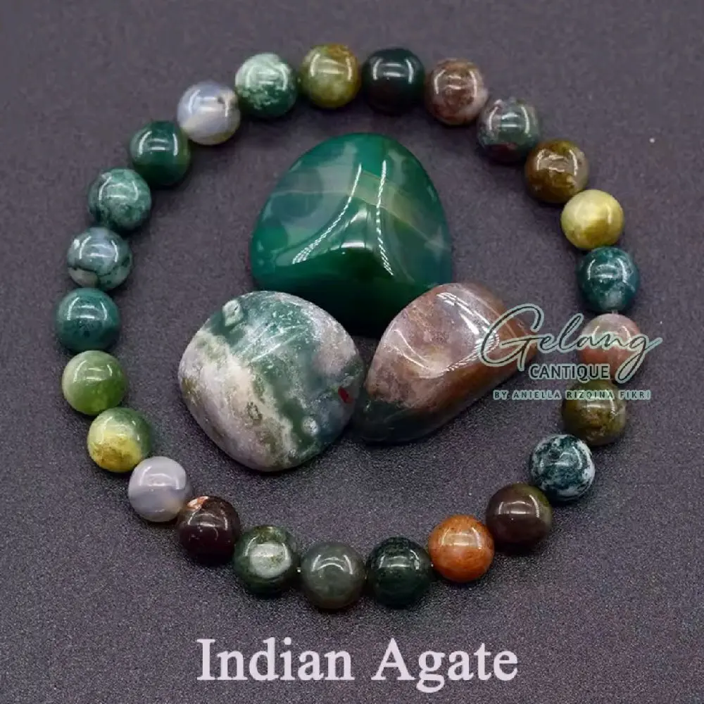 Gelang Batu Alam Indian Agate Ukuran 4/6/8 mm, Gelang Yoga Kesehatan Chakra, Natural Stone Bracelet, Gelang Tangan Tali & Karet Elastis Pria Wanita, Indian Agate Beads Giok Stone