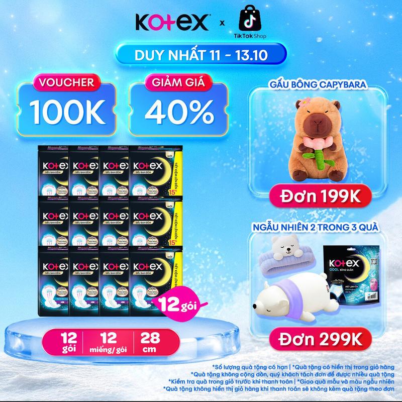 Lốc 4 gói/Lốc 12 gói Băng vệ sinh Kotex Siêu Ban Đêm 28cm Mặt lưới Đệm bông chống tràn sau 12 miếng