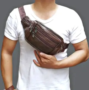 Tas Waistbag Full Kulit Sapi Asli 7 Resleting 3 Pilihan Warna Premium Polos Pinggang Pria