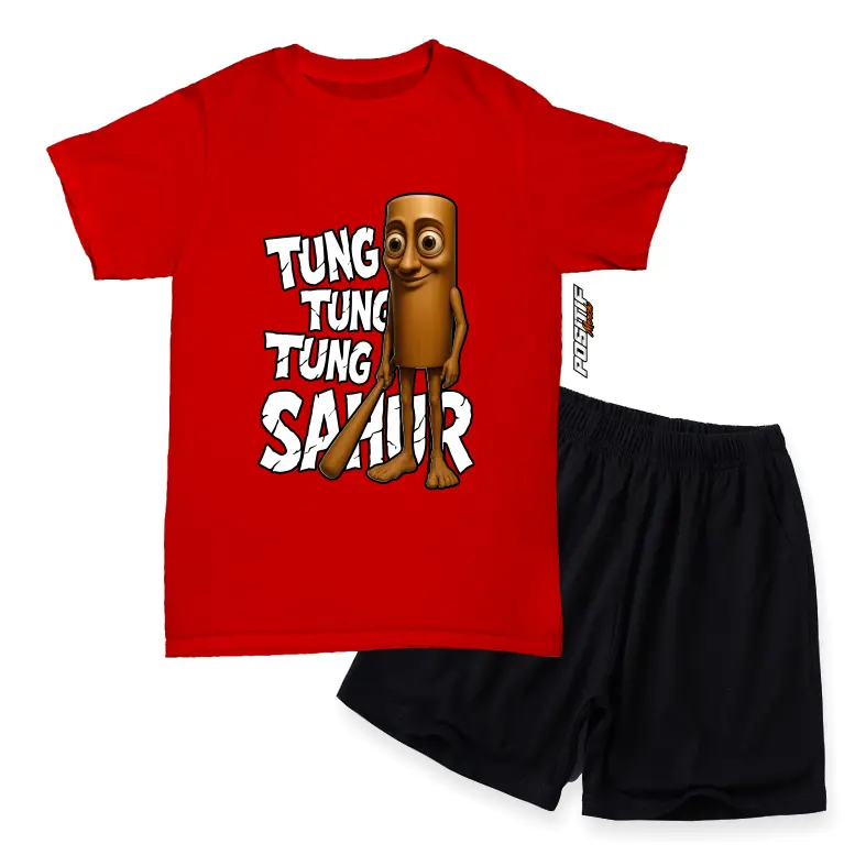 Positif Merch Baju Kaos Anak Setelan Tema Anomali Viral Desain Kartun Tung Tung Tung Sahur Lucu Laki Perempuan 5