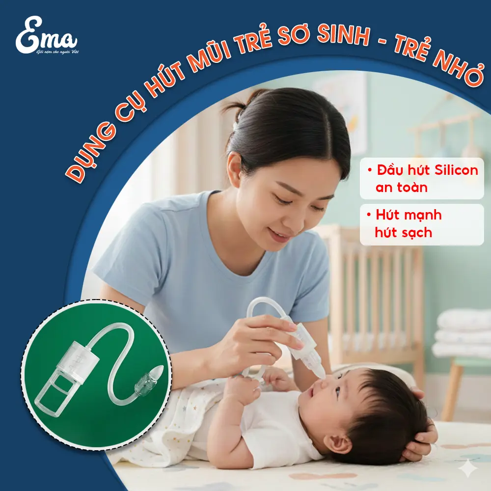 Dụng cụ hút mũi cho bé Ema – Dễ dàng sử dụng không gây tiếng ồn, chất liệu an toàn cho bé silicone, dụng cụ hút mũi cho bé từ 0-6 tuổi, 2 đầu hút chuyên biệt lực hút mạnh chống chảy ngược
