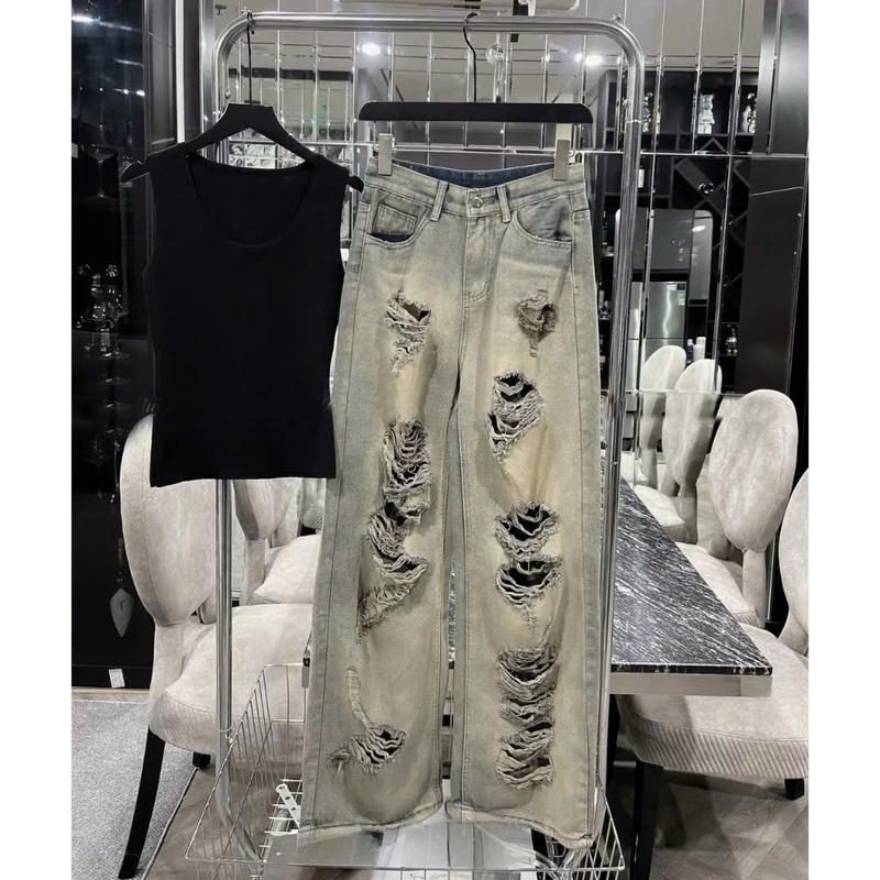 Quần baggy Jean nữ ống rộng lưng cao rách kiểu bụi trước sau - Quần jean nữ ống suông màu xanh bụi chất jean mềm TH5817