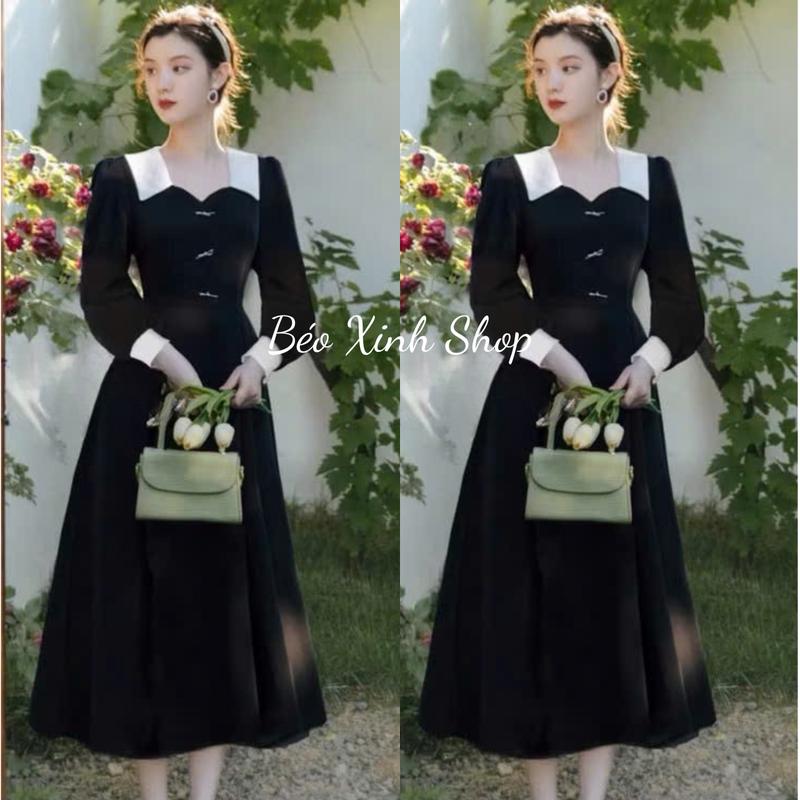  Đầm Dự Tiệc Nữ Dáng Dài Cổ Vuông Phối Trắng Sang Trọng Thanh Lịch Trẻ Trung Vải Cotton Lạnh Cao Cấp Bigsize 40–90kg Thời Trang Nữ Béo Xinh Shop – A.1598 