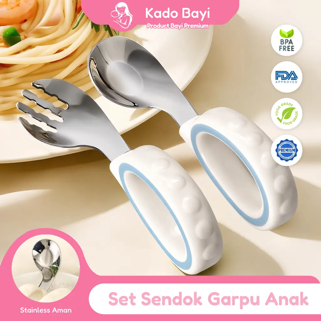 Set Sendok Garpu Bayi Stainless 316L Premium - Sendok Belajar Makan Anak Anti Tajam BPA Free &  MPASI Anak Aman & Tahan Karat