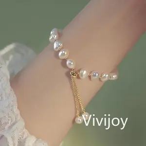 [Vivijoy] Gelang emas paduan mutiara barok tak beraturan dapat disesuaikan gaya elegan sehari-hari V123
