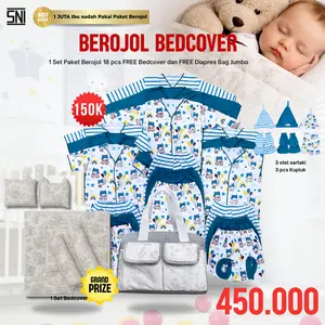 IBUN-MALL PAKET BEROJOL BEDCOVER Stelan Newborn 18pcs Free Bedcover 2 Bantal 2 Guling & Grandz Prize Diapers Jumbo Baju Bayi 0-3 Bulan Uniseks Double PE