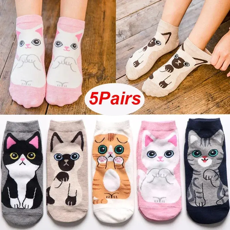 5 Pairs Fashion Cartoon Socks Cute Cat Print Cotton Funny Anime Mid-tube Stockings Breathable Deodorant Socks for Women