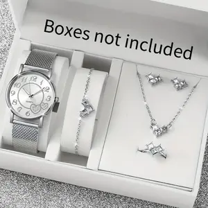 5PCS Jam Tangan Wanita Mode Sederhana Jam Tangan Kuarsa Analog Tali Baja Dan Set Perhiasan Jantung