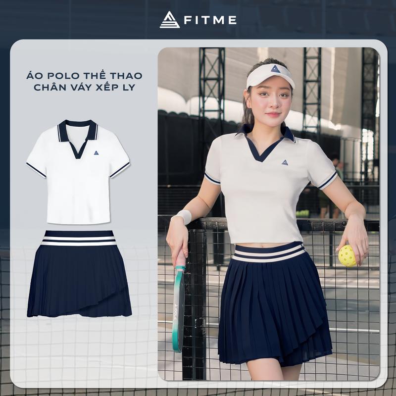 Bộ đồ Pickleball, cầu lông, tennis nữ Fitme ES áo polo Trắng Navy tôn dáng, chân váy xếp ly 3 lớp Navy năng động