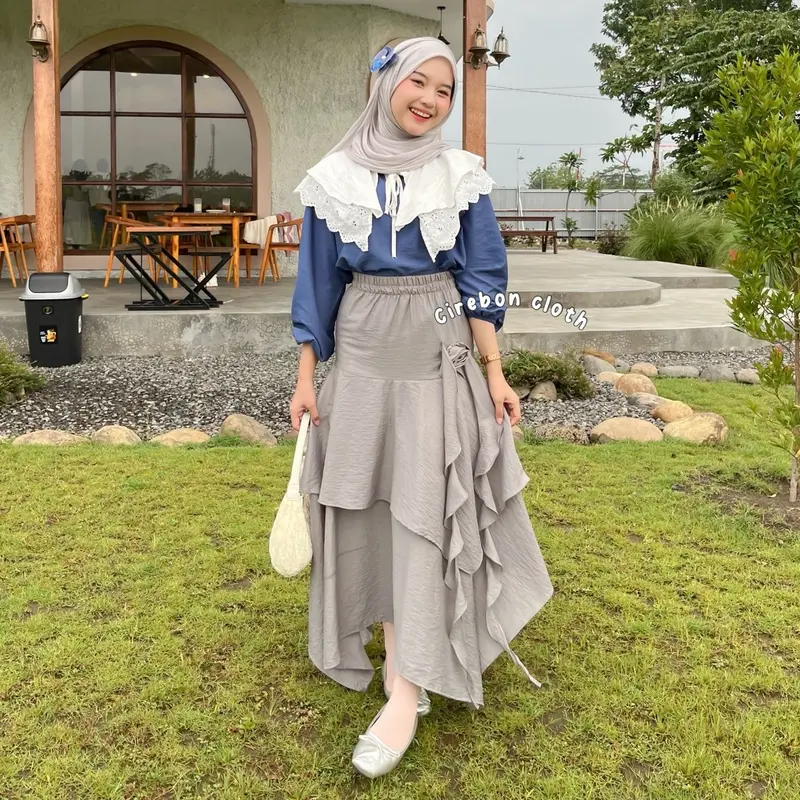 KIYANA Cirebon Cloth - Bellerose Skirt / Aesthetic Skirt / Rok Bunga / Rok Asimetris Ruffle Wanita Panjang Serut 4