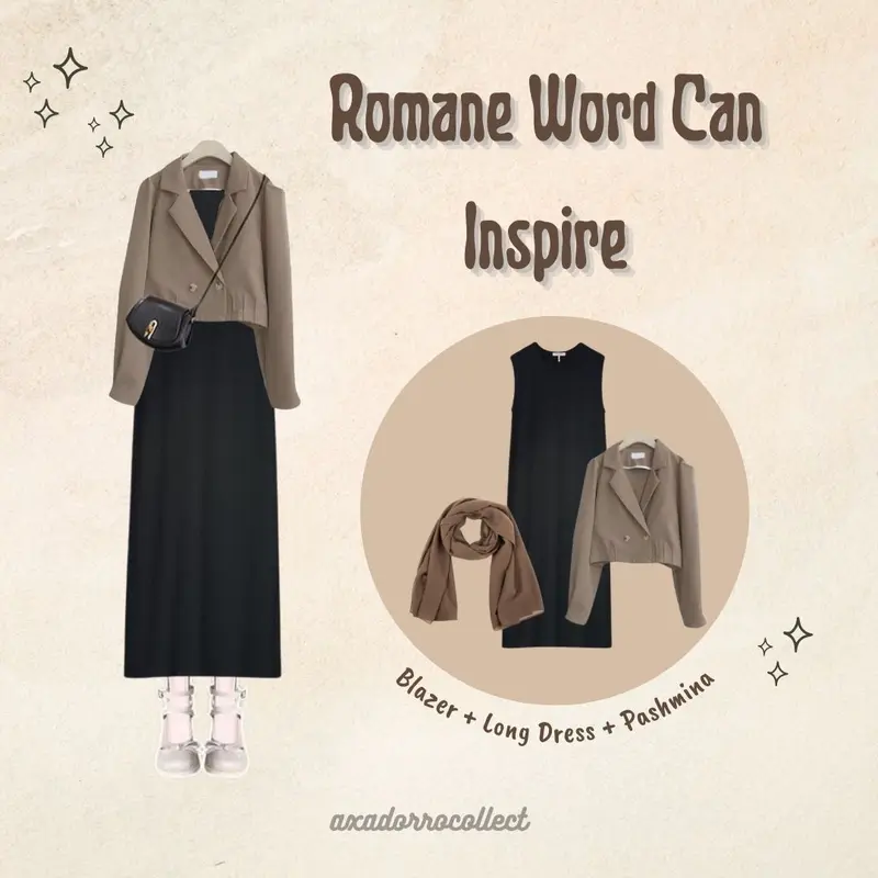 Oneset 3in1 Hijab ( Blazer Crop , Long Dress , Pashmina ) Korean style Romane Outfit 0