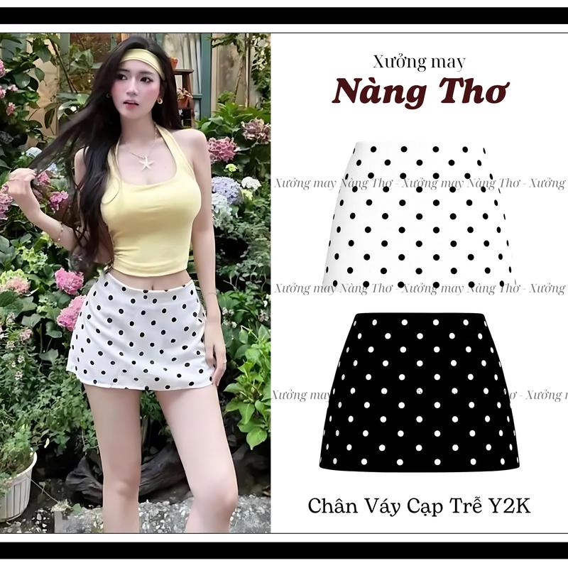 C905 Chân Váy Cạp Trễ Y2K Chấm Bi TO Dáng NGẮN Có Quần Bảo Hộ Chất Đũi Linen