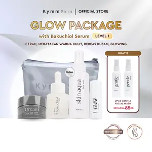 [AFF] [7pcs] [Free 2pcs Gentle FW 60ml + Pouch] KYMM SKIN Glow Package LEVEL 1 with Bakuchiol Serum [Aqua FM 100ml, Bakuchiol Serum 20ml, Day Cream 10gr, Night Cream 10gr] | Perawatan Wajah Pencerah Arbutin Mencerahkan Kulit Kusam Noda Hitam