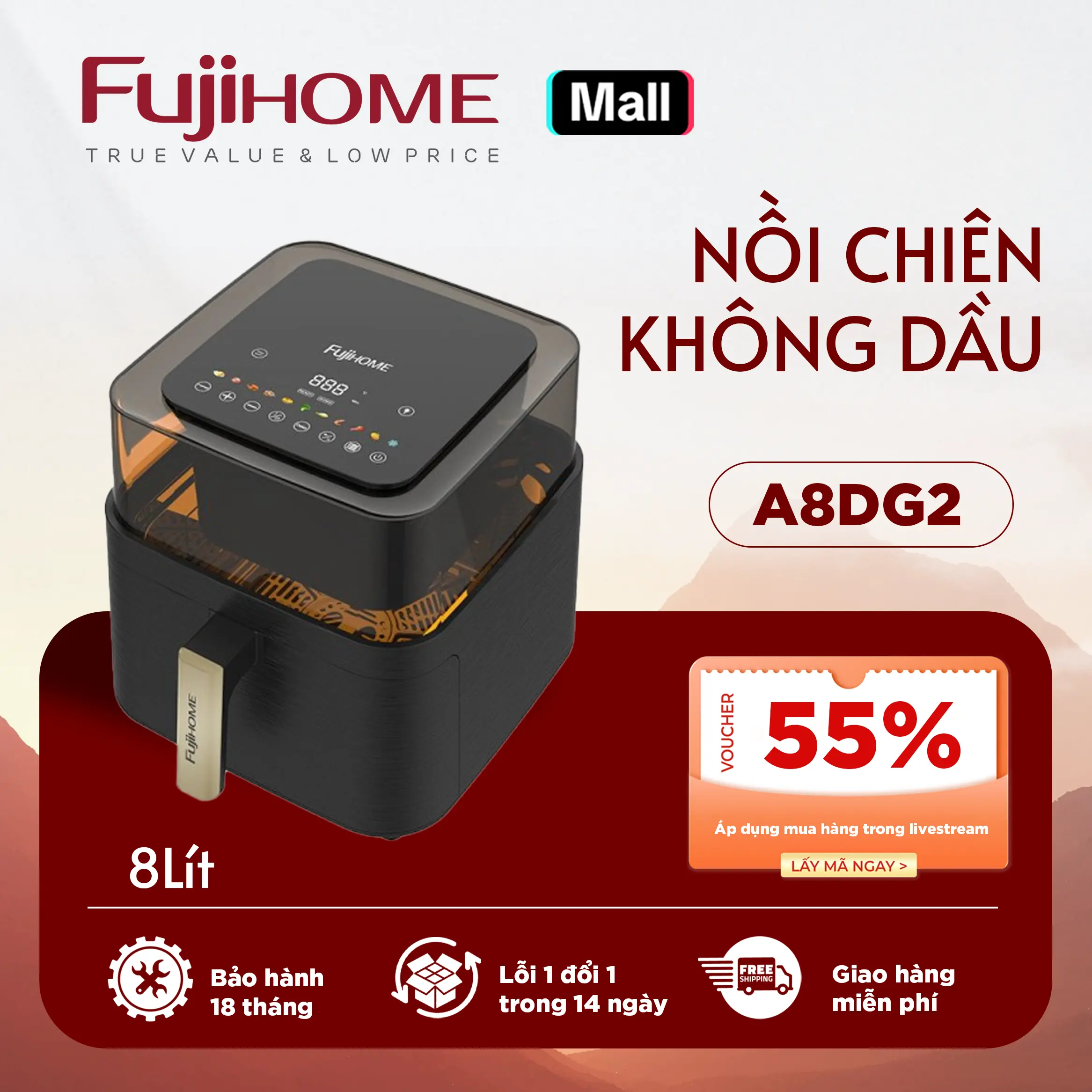 Nồi chiên không dầu trong suốt 360 độ FUJIHOME A8DG2, dung tích 8 lít, công suất 1800w - bảo hành 24 tháng
