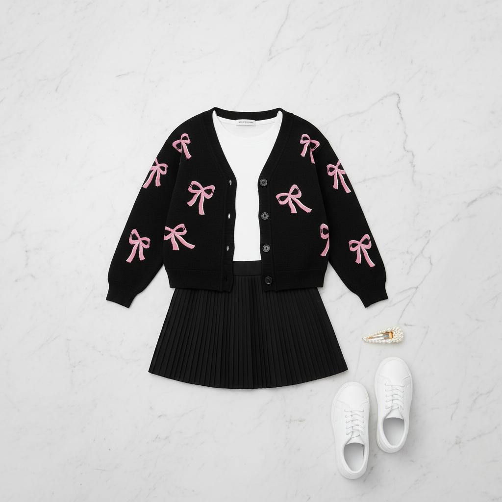 CAIFU Cardigan Pita Hitam Anak Perempuan Cardi Lengan Panjang Atasan Y2K Usia 3-12 Tahun Bahan Lembut Halus Nyaman Adem Variasi Warna Pastel Cantik Fashion