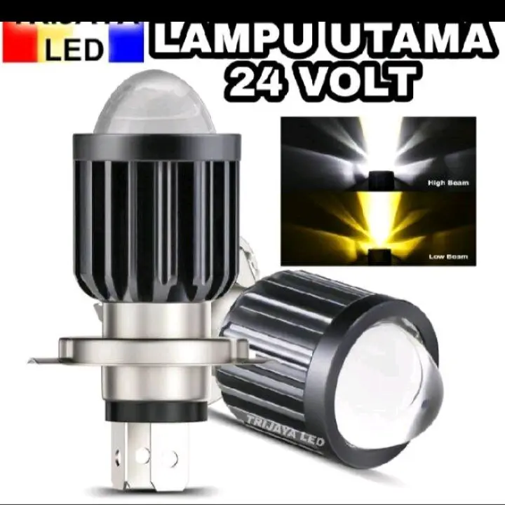 Lampu LED Utama Depan 24 Volt H4 Laser D2 High Low 2 Warna Putih Kuning Truk Bus Fuso Canter Tronton PnP BA20D Jauh Dekat Dim Hi Lo Kaki Tiga Truck Bis