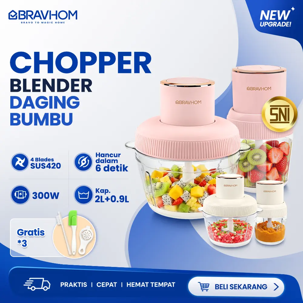 (COD)[Bravhom] Penggiling Makanan/Daging/Bumbu Multifungsi Kapasitas Besar 2L+0.9L dari Bahan PC Food-Grade dengan Tiga Kecepatan dan Pisau Stainless Steel