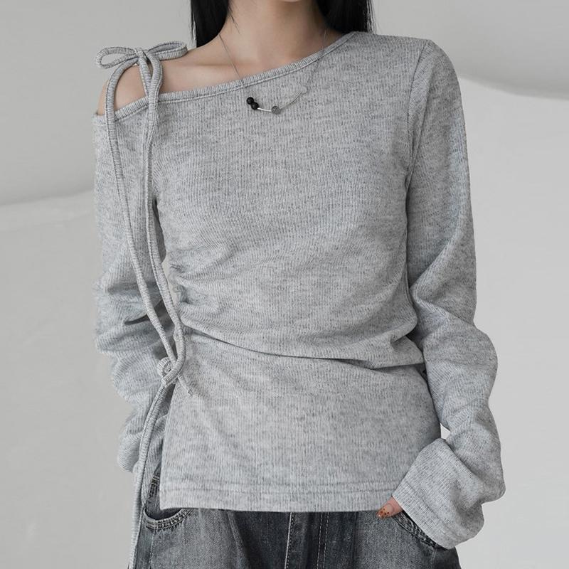Áo Buộc Dây Trễ Vai, Dành Cho Phụ Nữ, Phong Cách Cơ Bản Thường Ngày Dáng Rộng Vừa Vặn, Áo Thun Dài Tay Áo, Thích Hợp Cho Mùa Thu Và Mùa Xuân, Áo Thun Dây Rút Bên Hông, Trang Phục Sang Trọng