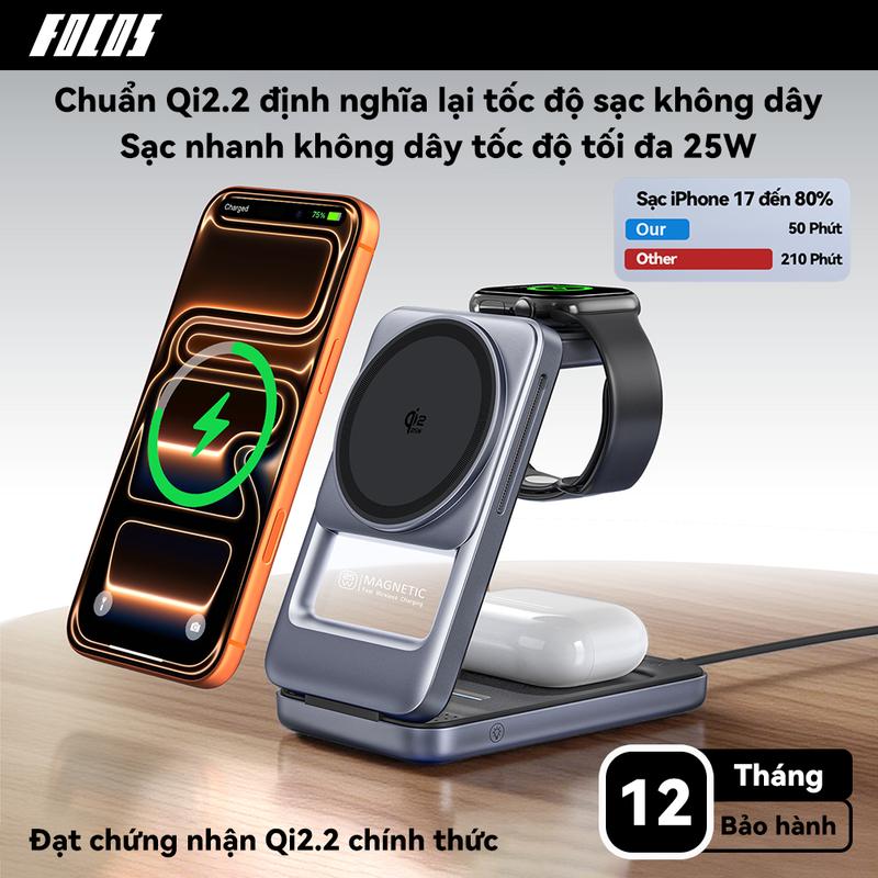 Digi Domain 3 trong 1 Đế sạc không dây Gập gọn Trạm sạc Chuẩn Qi2.2 Sạc nhanh…