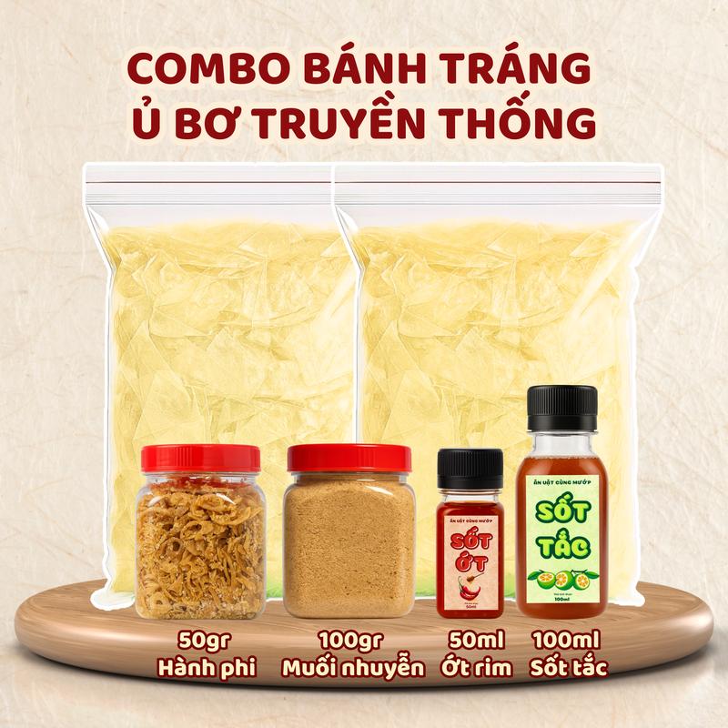 Combo BÁNH TRÁNG RÌA Ủ BƠ TẶNG KÈM SỐT CHẤM VÀ TOPPING TUỲ CHỌN - Ăn Vặt Cùng Mướp