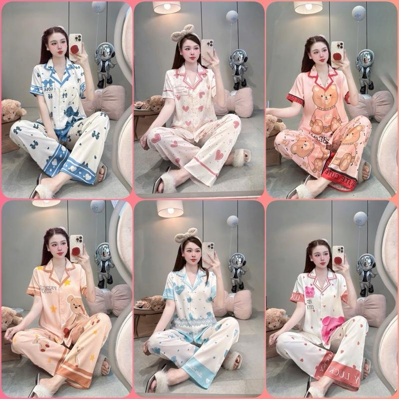 Đồ bộ tay ngắn quần dài lụa latin thiết kế cute size dưới 65kg , bộ ngủ nữ mặc nhà thoải mái, pijama nữ lụa mịn mát , đồ ngủ, bộ ngủ thoải mái, pizama dài