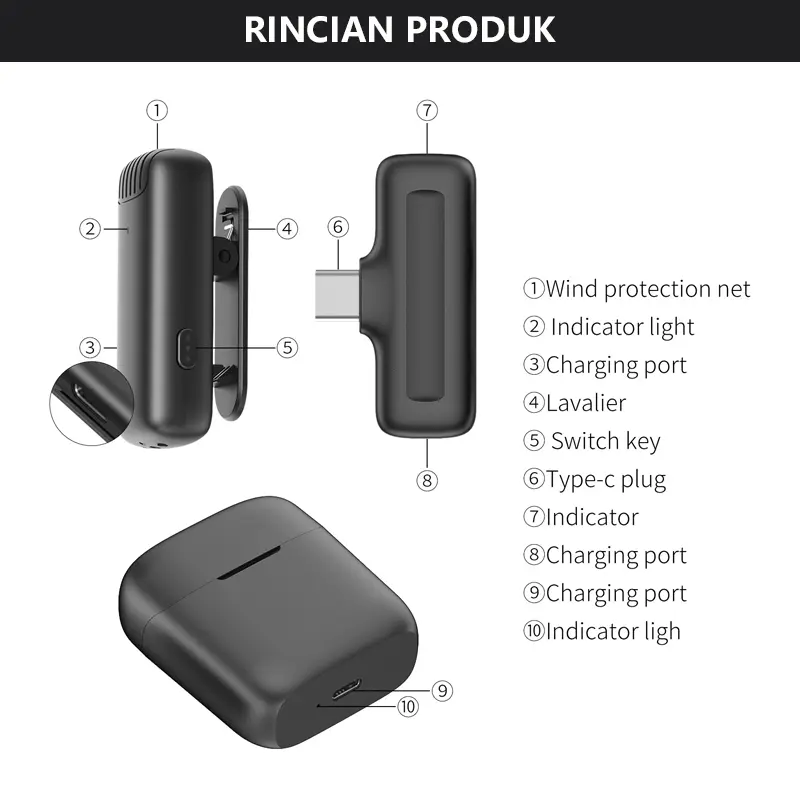 Topspot Mikrofon lavalier mini dengan casing pelindung dan pengisi daya, mikrofon nirkabel portabel plug-and-play,ponsel pintar/komputer/kamera Android, siaran langsung video pendek , mengisi daya ponsel Anda saat merekam Mic Microphone Wireless Bluetooth 8