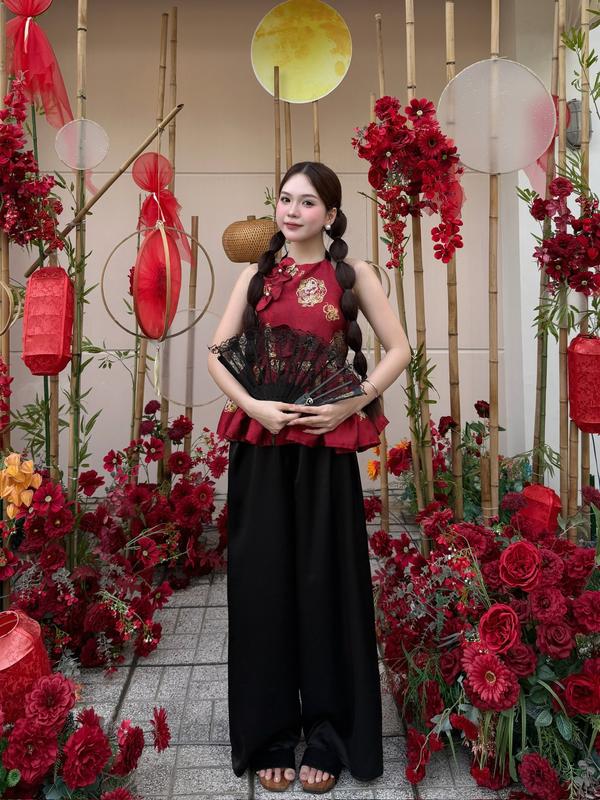 Set áo yếm gấm buộc cổ đính hoa quần lụa lưng chun Ảnh thật/sẵn