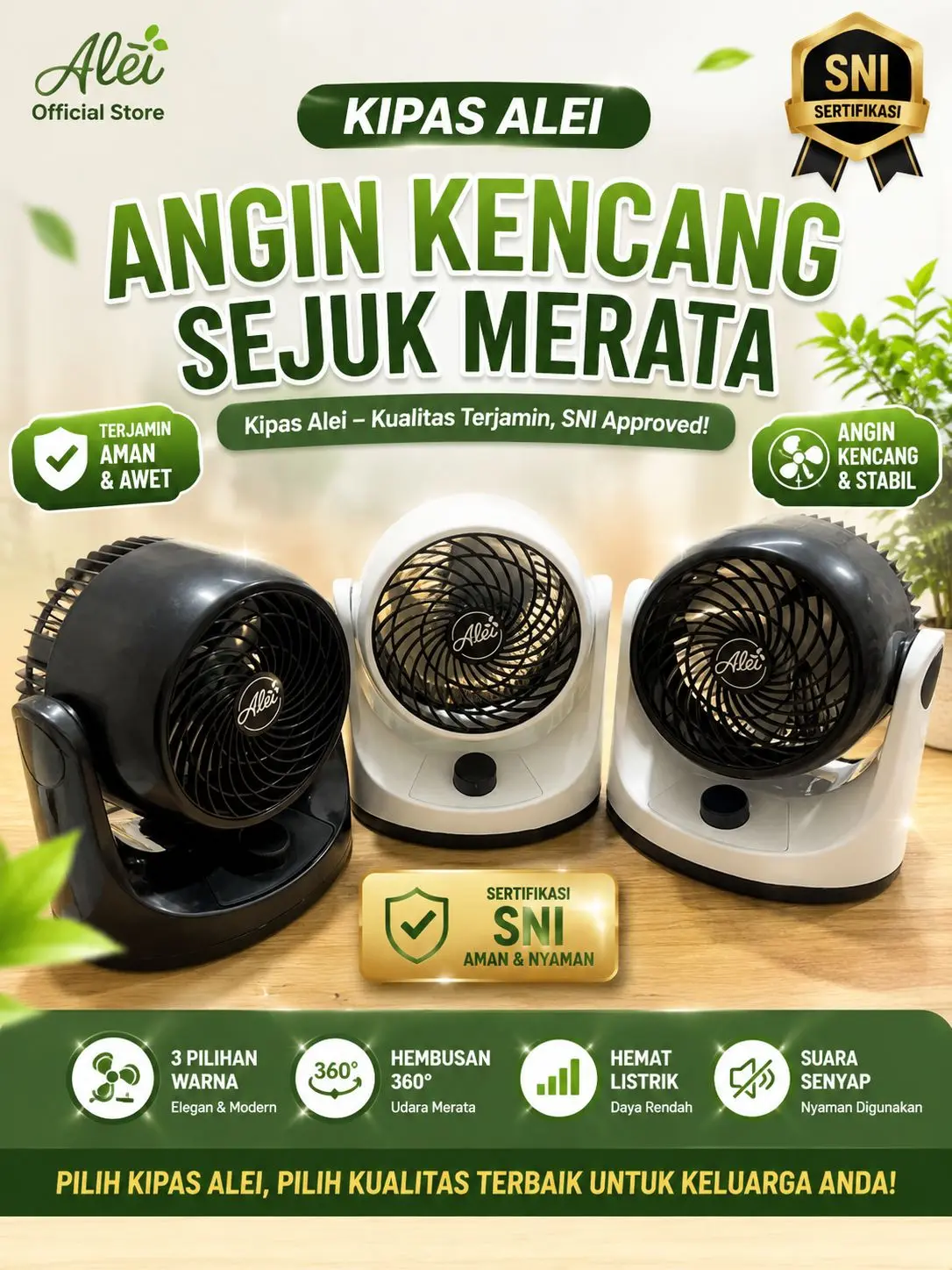 NEWALEI Kipas Angin Meja SNI Resmi Desk Fan Portable 3 Kecepatan 180°
