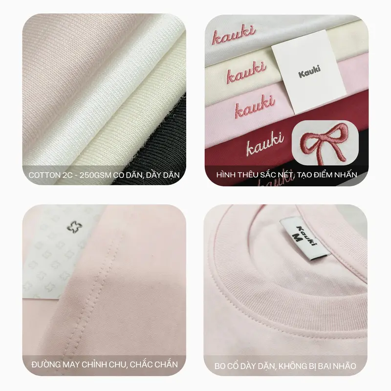 Áo thun Baby Tee Cotton Cổ Tròn Kauki Thêu Nơ Hồng Tay Ngắn 250gsm Nữ Top BBT5 Women 3