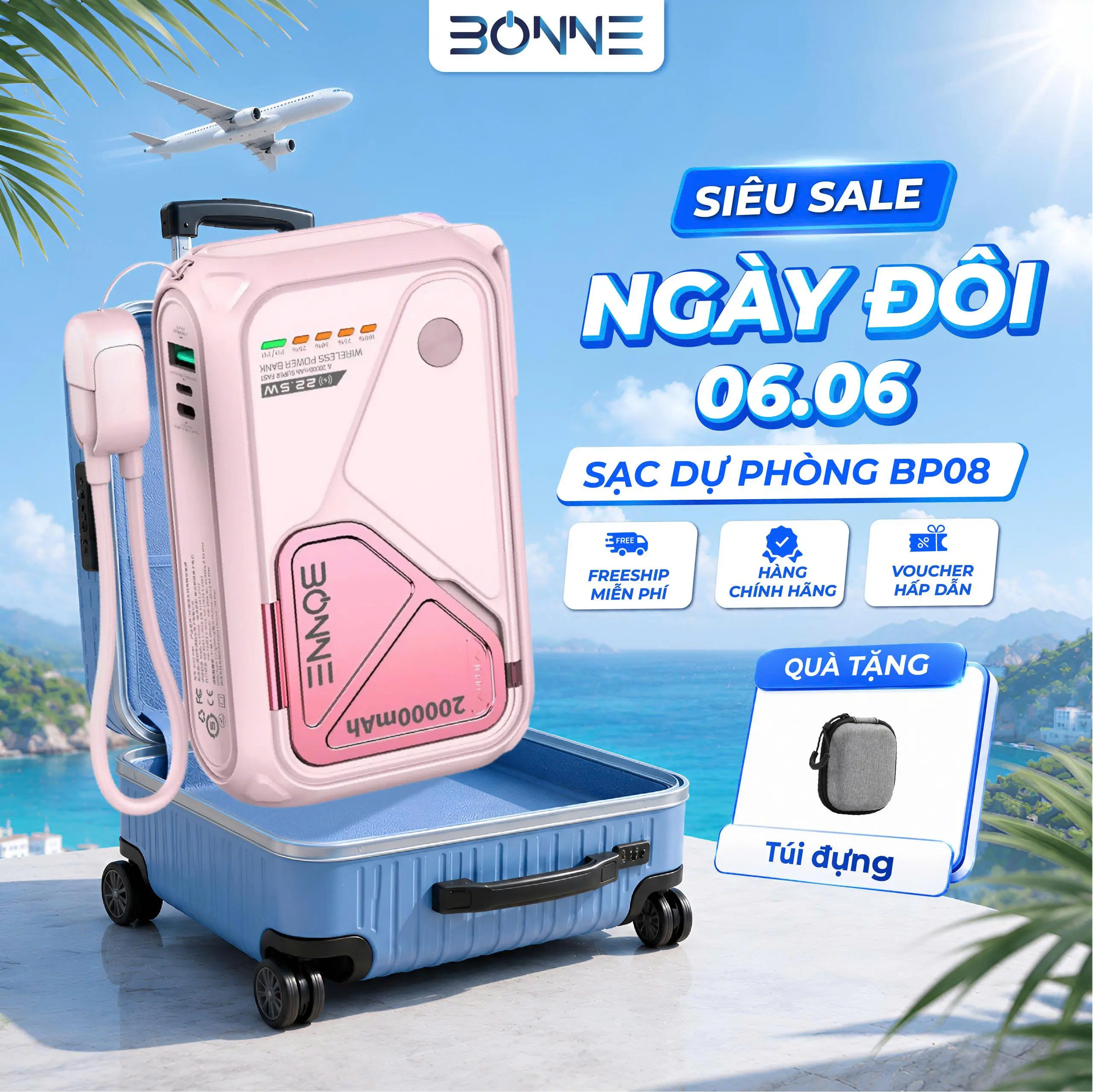 HÀNG CÓ SẴN - ( Tặng Túi Đựng Công Nghệ Cao Cấp) Sạc Dự Phòng Bonne TECHNOLOGIQUE BP08 10.000mAh/20.000mAh Không Dây Kiêm Củ Sạc Nhanh Bảo Hành 12 Tháng