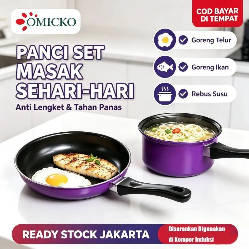 OMICKO Panci Set 2in1 Fry Pan 20cm + Panci Susu 16cm Anti Lengket Warna Ungu Cocok Masak Sarapan Untuk Ibu Rumah Tangga & Anak Kost COD