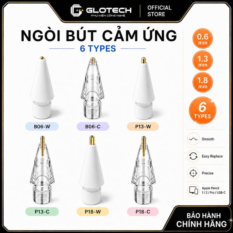GLOTECH Ngòi Bút Cảm Ứng iPad Thay Thế 0.6/1.3/1.8mm, Đầu Bi & Đầu Kim, 6 Phiên Bản...