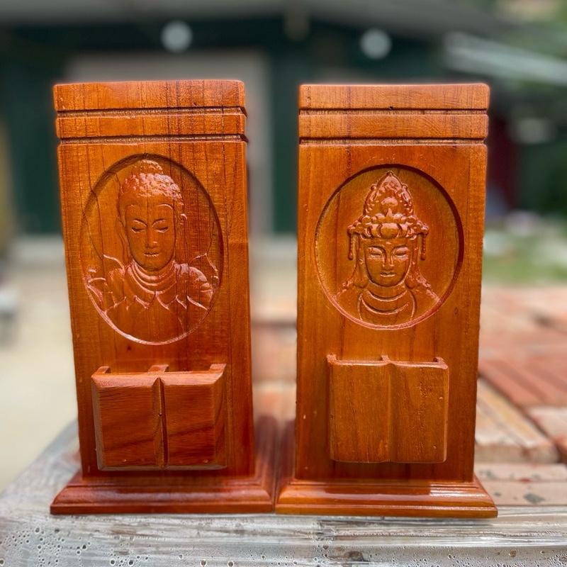 ( combo 2 : mặt phật + bồ tát ) Ống Đựng Nhang Gỗ Tự Nhiên , Có Chỗ Để Hột Quẹt 27x11cm