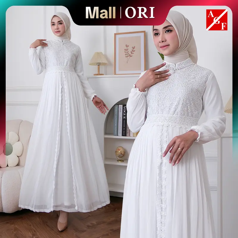 Agnes Hijab - Khairany Dress Gamis Putih Lebaran 2025 Dewasa Premium Elegan Gaun Mewah Elegan Karet Kombinasi Mutiara Pesta Kondangan Haji Umroh 821 0