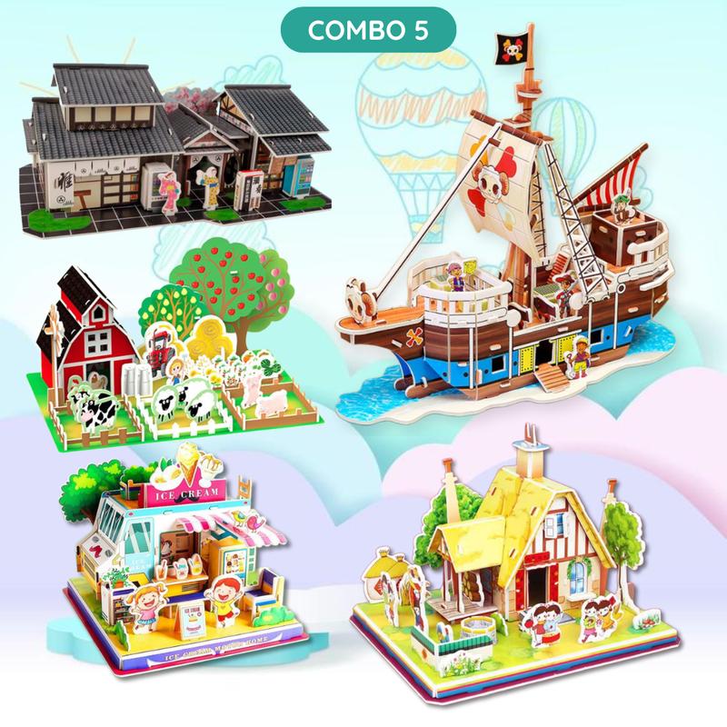 SIZE LỚN Combo 5 mô hình lắp ráp NEW : Tàu Hải Tặc Quán CF Nhật Xe Kem Nông Trại Xuân Quê - Đồ chơi thông minh cho bé lắp ráp mô hình 3D Bộ Lắp Ráp Tháo Lắp