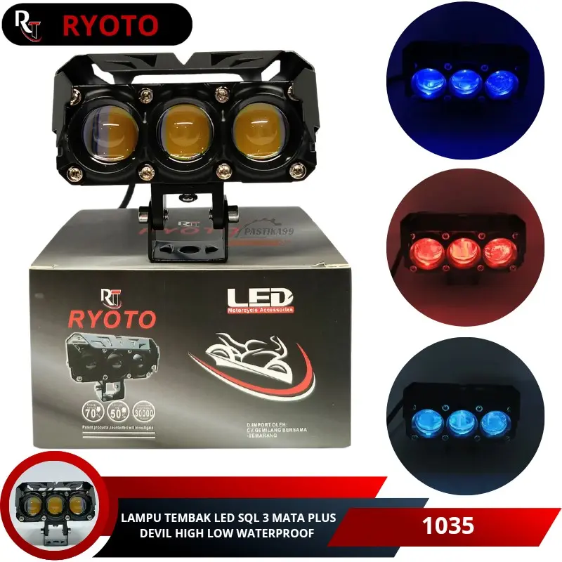 Lampu tembak laser gun LED sorot Sql 3 mata Kipas Plus Devil motor mobil dua warna High Low Putih Kuning Waterproof Car
