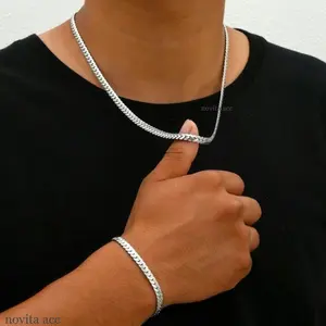 SATU SET KALUNG DAN GELANG RANTAI PIPIH SILVER ANTI KARAT CASUAL PRIA DAN WANITA