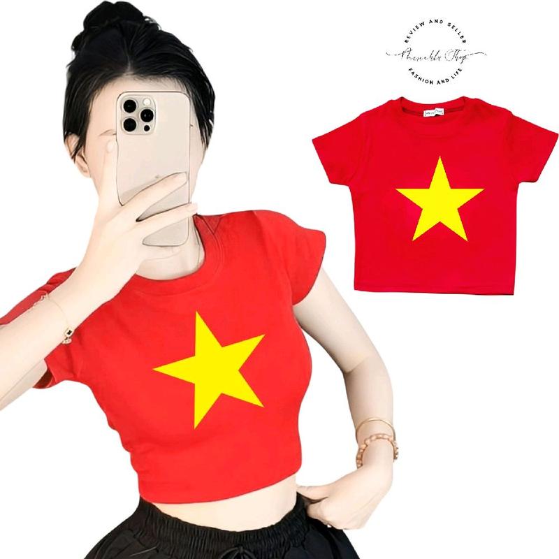 Áo Thun Croptop Dáng Ngắn Form Ôm Body Nữ Tôn Dáng Màu Đỏ In Hình Sao Vàng, Áo Thun Cờ Đỏ Sao Vàng Việt Nam - Miriahu Shop Daily (aocroptop, aoxinh, aothun, áoxinhcógu, Áo Thun Ôm Tôn Dáng)