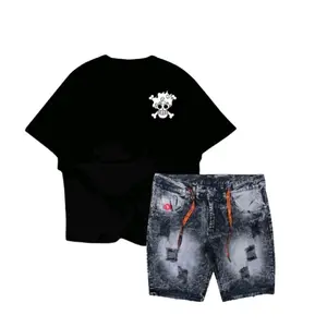 ( One piece )Setelan kaos distro dan celana jeans sobek pendek dewasa