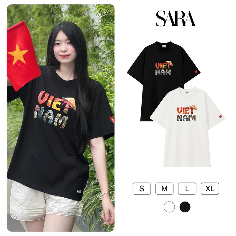 [SARA] Áo Phông Cotton Compact 4 Chiều Vải Em Bé In Hình Chữ Việt Nam  Áo Cờ ĐỎ SAo Vàng Cao Cấp - Mã: SR016