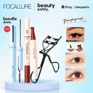 (BUNDLING) FOCALLURE 2PCS Eye Set Ultra-fine Mascara Waterproof + Eyeliner Stamp Dengan Penjepit Bulu Mata Paket Makeup Kosmetik Mata