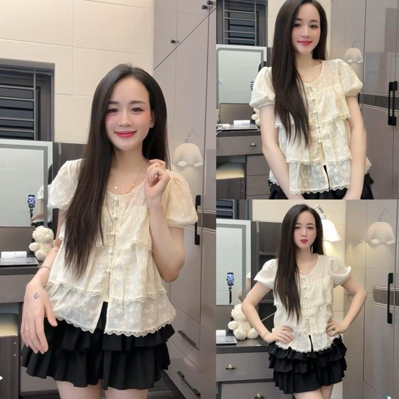 (1 lớp) Áo babydoll nhiều tầng thêu hoa nổi phối viền ren, áo cổ tròn cài cúc dễ thương Salavi N2 072