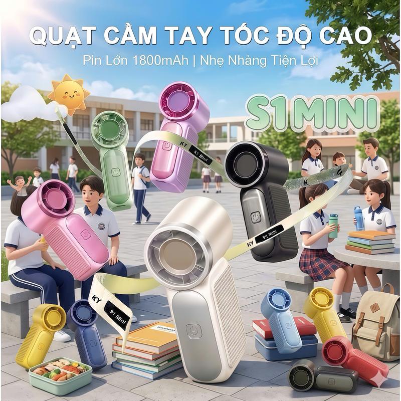 Quạt Cầm Tay S1 Mini Siêu Bền, Gió Mạnh 100 Mức, Pin 1800mAh Dùng Lâu, Thiết Kế…
