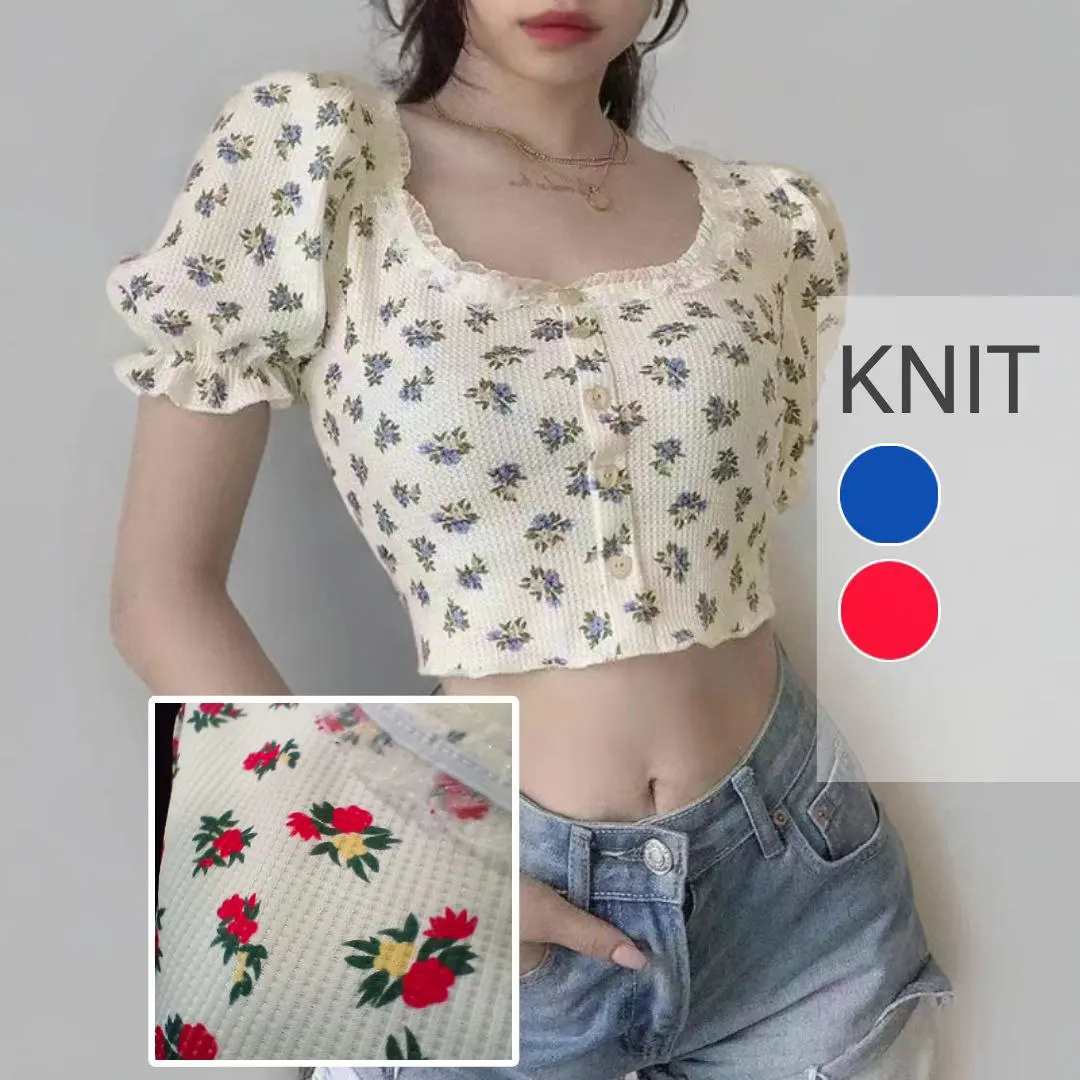 Atasan Crop Top Wanita Sabrina Motif Bunga Lengan Balon Korean Style Premium 37 Kemben Bulat Kaos Pendek Renda Wolfis Nyaman Sifon Sablon Renda Tshirt